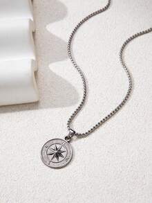 1pc New Fashion Stainless Steel Titanium Steel Compass Pendant Twisted Chain Necklace, Suitable For Men's Daily Wearing Jewelry Gift - Silver - View 3