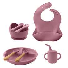 PopLittleOne 8PCS Children's Tableware Set Baby Dishes Sucker Plate Bowl Utensils Soft Silicone Cup Bibs Spoon Fork Sets Mother Kids Tableware Baby Items - Pink - View 9