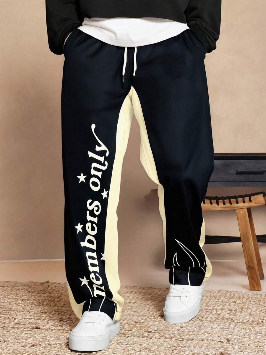 Men's Contrast Color Elastic Waist Casual Pants, Suitable For Casual, Commute, Back To School, Great Gift For Husband Or Boyfriend, Unisex Couple Matching Baggy Pants, Summer, For Rave, Fall