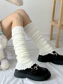 2 Pairs Of Black And White Oversized Women's Knee-High Polyester Knitted Fabric, Solid Color, Comfortable And Elastic, Hand Wash , Suitable For Cycling, Casual Wear And Festival Wear, Y2k, Cozy