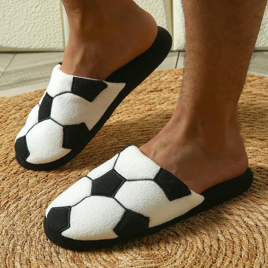 足球刺绣3D图案，休闲度假，情人节礼物，父亲节礼物拖鞋，室内卧室软底男士家居拖鞋 - 黑白 - 查看 1