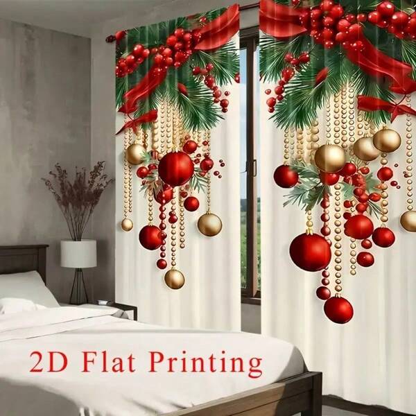 Sanrio 2pcs Christmas Santa Claus & Christmas Tree Printed Curtains - Red, Digital Printed Polyester Curtains With Rod Pocket, Suitable For Living Room, Bedroom, Kitchen And Holiday Decoration, Christmas Curtains