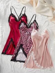3 Pcs Valentine's Day Surprise Gift Lace Trimmed Satin Split Sexy Lingerie Set, V-Neck Cross-Tie Backless Slim Fit Dress, Women's Comfortable & Erotic Nightdress & Nightgown