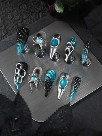 10 件蓝银色长尖头假指甲超柔韧持久假指甲适合女士和女孩美甲沙龙