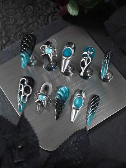 10PCS Blue Silver Long Pointed Head Fake Nails Ultra-Flexible Long Lasting Fake Nails For Women And Girl Nail Salon