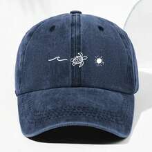 Unisex Retro Washed Baseball Cap With Turtle And Wave Pattern - Adjustable Lightweight Trucker Hat Suitable For All Seasons Outdoor Leisure Sun Hat Fabric Construction - 海軍藍 - 查看 2