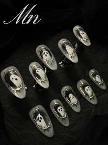 Halloween Glow-In-The-Dark Nail Art Set, Includes 10pcs Acrylic Nail Stickers, Medium Almond-Shaped Nails, Cute Ghost Black Nails, Handmade Gothic Nails, Full Cover False Nails, Gold Line Full Cover Acrylic Nail Sticker Set, Ideal For Halloween Party, Comes With Gel Stickers And Nail File. - Black and White - View 7