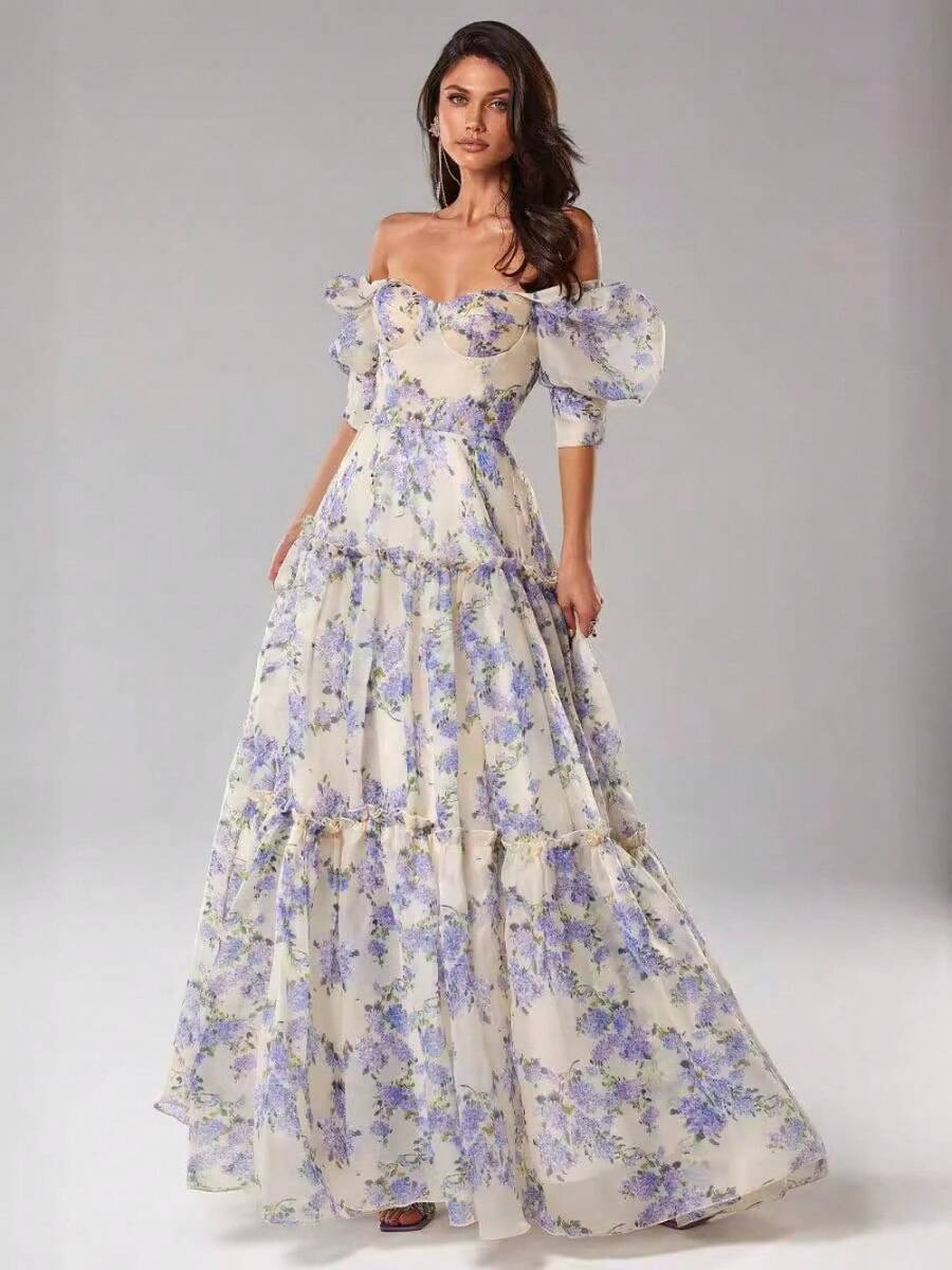 Women's Romantic Floral Off Shoulder Maxi Dress Elegant A-Line Short Puff Sleeve Formal Evening Gown With Ruffles And Slight Stretch - Màu xanh lam - Xem 1