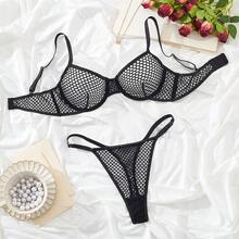全新 2 件套性感诱惑网眼镂空内衣套装，时尚诱人设计性感内裤 - 黑色 - 查看 1