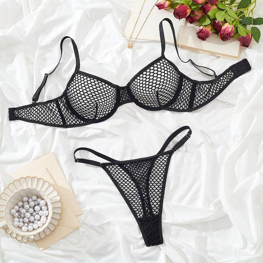 全新 2 件套性感诱惑网眼镂空内衣套装，时尚诱人设计性感内裤 - 黑色 - 查看 1