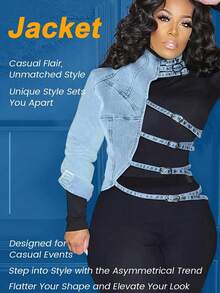 Women's Casual Denim Jacket, Patchwork Denim Top, Asymmetric Irregular Denim One-Shoulder Short Design. - Rửa nhẹ - Xem 2
