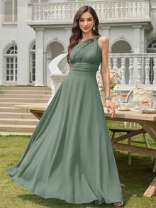 Volly Toych 桉树色A字单肩镂空褶皱雪纺优雅长款正式伴娘礼服，婚礼宾客礼服 - 青碧色 - 查看 7