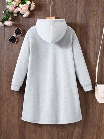 8-12岁女童休闲连帽长袖卫衣裙，可爱卡通图案百褶下摆，秋冬