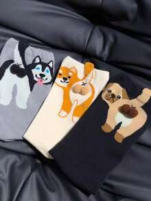 3 Pairs Random Puppy & Egg Design Cute Sweet Girl Street Fashion Mid-Calf Socks - Multicolor - View 10
