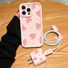 Heart Line Print Anti-Drop Phone Case With Charging Set, Compatible With IPhone 16 Pro Max, 14/13, 16 12, 11 Pro Max, XS Max, X, XR, 8, 7, 14 Plus, Suitable As Birthday Gift For Girlfriend, Boyfriend Or Self-Use - Pink - View 3
