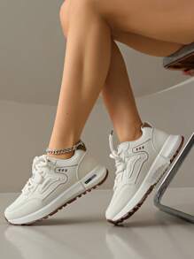 Novos Sapatos Casuais Femininos, Cabedal de Couro Bege, Design de Cadarço, Sola Plana, Adequado para Todas as Estações