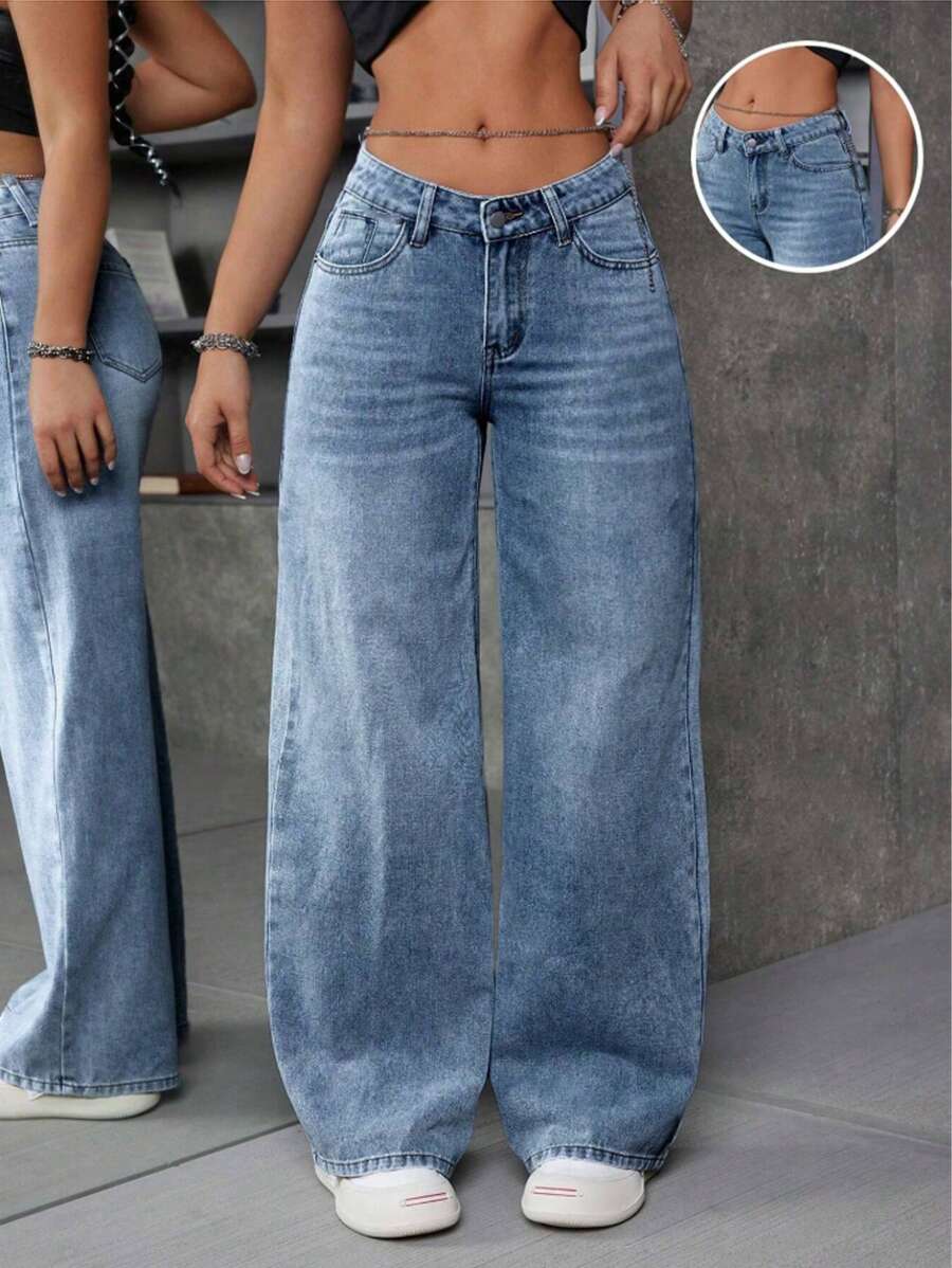 Teenagers' Fashionable Loose Straight Blue Jeans