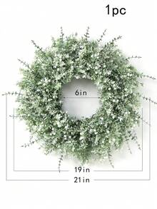 1pc 19in Eucalyptus Wreath For Front Door, Porch- Artificial Eucalyptus And Lavender With Babys Breath Flowers Wreath For Home, Farmhouse Wall Decor- Spring, Summer, Fall, All Seasons (White-Green) Valentine's Day