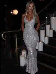 Avrilyaan Deep V Backless Sexy Party Dress Women Elegant Summer Dress Hot Diamond Nightclub Maxi Long Dresses Vestidos - 銀色 - 查看 3