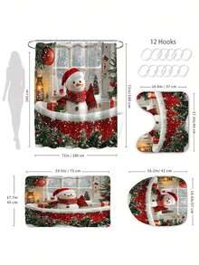 圣诞快乐雪人浴帘套装 - 防水，节日浴室装饰，带挂钩，趣味十足，家居室内装饰，热门人物主题 - 彩色 - 查看 4