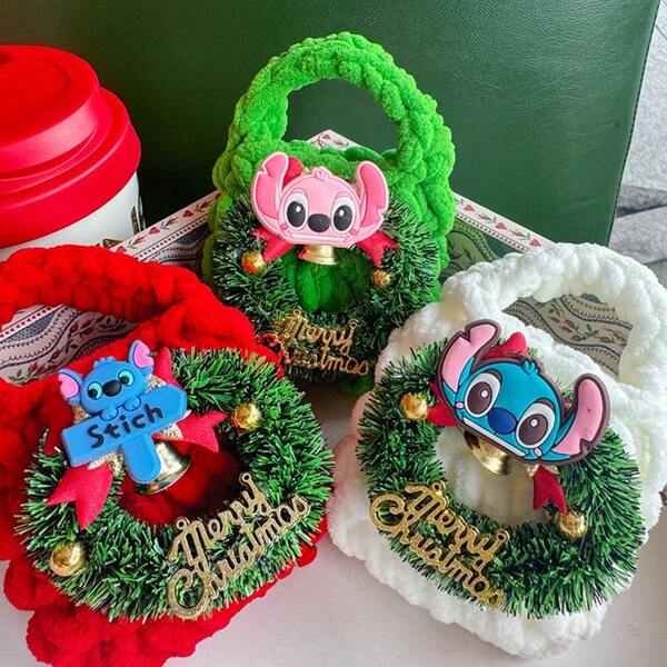 Disney Stitch Geschenktasche, Cartoon süße Weihnachtskranz Serie, kleine Monster Stitch Plüsch Handtasche & Münzbörse