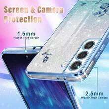 PLikiyami 3in1 For Samsung Galaxy S21 Plus Case For Women Girls Glitter Girly Cute Bling Flowers Blue Phone Cases With Ring Stand Design Sparkle Floral Shiny Pretty Cover For Samsung S21 Plus 6.7''8005 - 3-藍色 - 查看 5