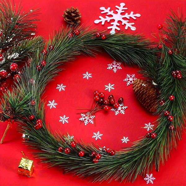 50pcs Festive Red Fruit Garland Wreaths - Handmade Plastic DIY Floral Wreaths For Christmas, New Year, And Holiday Home Decor, Perfect For Parties And Plant Display, Holiday Wreaths | Vibrant Wreaths | Plastic Wreaths, Fruit Decor