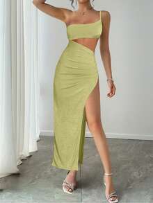 Vacation Style Elegant Sleeveless Asymmetrical Shoulder Patchwork Hollow Out Bodycon Midi Dress With Side Slit, Green - Green - View 2