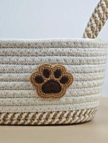 1 pieza Cesta de almacenamiento tejida de cuerda de algodón abierta con decoración de huella de mascota, adecuada para decoración del hogar, almacenamiento de cosméticos en dormitorio, clasificación de juguetes de niños, almacenamiento de alimentos para mascotas, adecuada para decoración de regalo de Navidad