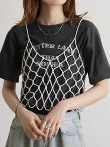 DEKUNER 1 pieza Nueva parte superior de tipo halter de estilo simple con perlas falsas, para adolescente, camiseta bata con lindas cuentas, cadena corporal con perlas