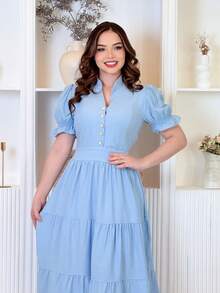 Midi Dress Luxury Elegant Sensory Cotton Short Sleeve - 淺藍色 - 查看 3