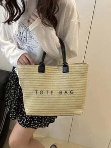 大容量休闲度假草编手提包，简约优雅女士单肩手提包 - 黑色 - 查看 6