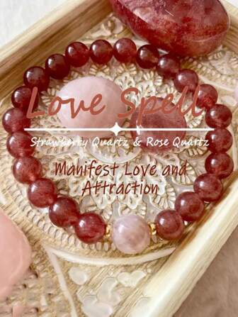 手工制作的爱情魅力手链，配有天然 10 毫米玫瑰石英和 8 毫米草莓水晶珠 - 波西米亚脉轮珠宝，象征着爱、自爱和繁荣 - 情人节送给女性、情侣和家庭的礼物，配有金色隔珠的浪漫配饰