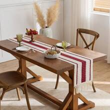 Handwoven Boho Farmhouse Table Runner - Fringed, Suitable For Dining Tables, Round Coffee Tables And Rustic Home Decor, Perfect For Wedding Receptions, Outdoor Parties And Valentine's Day Decorations. Rectangular Design, Fits Home And Dining Room Decor, Can Be Used As Kitchen Dining Table Centerpiece, Decorative Tableware Accessory And Rustic Decor. Beautifully Woven, Durable. - Red - View 7