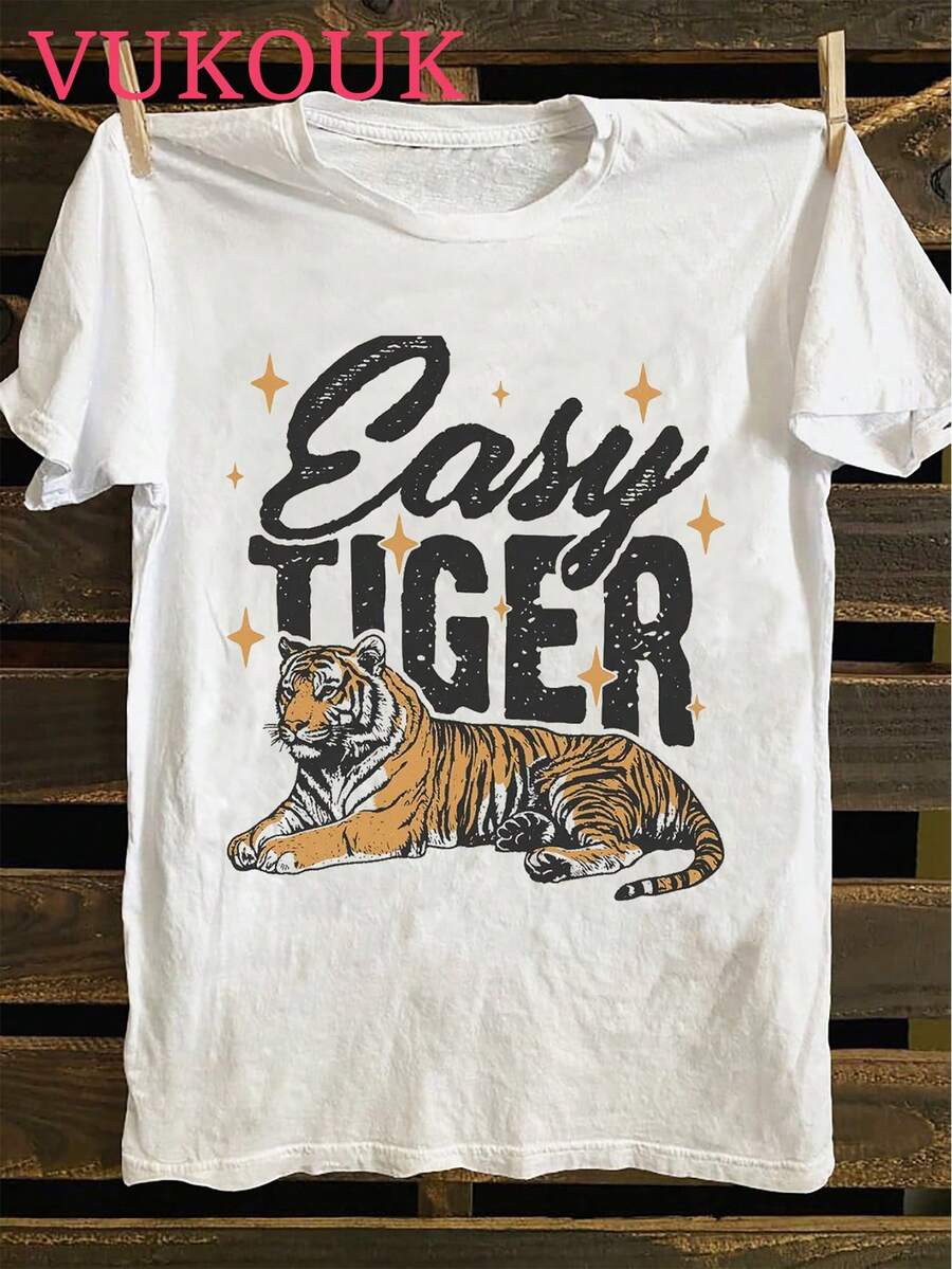 Tiger 90s Retro Style  Pattern Men's Fashion Men's Printed Short Sleeved T-Shirt, Men's Round Neck Top, 180g 100% Pure Cotton Fabric - Comfortable And Casual Summer Street Style Short Sleeved T-Shirt, Cool Design Retro Summer Men's Daily Wear T-Shirt Print - 白色 - 查看 1