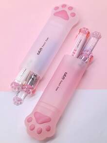 4pcs Cute Cat Paw Stationery Set - Transparent PVC Pen Holder, Heart-Shaped Eraser, Manual Pencil Sharpener And Ruler, Pink & White Color - Perfect Gift For Students, Cat-Themed Accessories, Pencil Case, Pencil Bag, Backpack - Sets - View 3