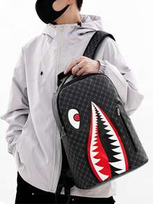 Mochila grande de capacidad versátil con estampado de tiburón para adolescentes, mochila personalizada minimalista para la temporada de regreso a clases, mochila ligera con estampado para reducir la carga en verano, estampado aleatorio en todo el tejido (todas las letras en las correas son aleatorias) - Negro - Ver 8