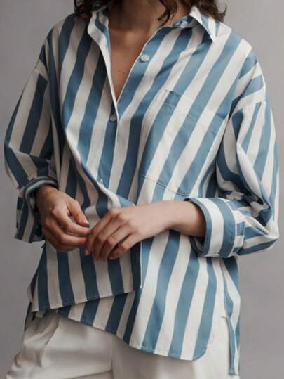 Women's Striped Contrast Color Button Pocket Front Button Closure, Wide Stripe White Blouse Spring
