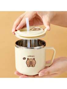 1pc 270ml Mini Double-Wall Thermal Insulated Mug, Children's Water Cup With Cute Cartoon Bear Pattern, 316 Stainless Steel Kids Straw Cup With Straw & Handle, Portable Anti Scalding Drinking Cup, Sealed Leak-Proof Tea Coffee Milk Cup Drinkware, Suitable For Student And Adult Use In Home, School, Dorm, Office, Party, Camping, Picnic, Back To School