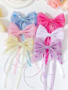 6pcs/Set Girls' Random Color Sweet Ribbon Printed Bow Beaded Hair Clips, Mesh Hair Accessories, Elegant French Style, Suitable For Daily, Party, Outing, Unlock The Sweet Charm! Fluttering Ribbons Showcase Playful Vitality - Multicolor - View 3