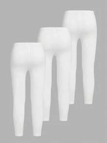 3 Stücke/Set Mädchen Lässig einfarbige Leggings, elastisch gestrickt weich & bequem, sportlicher Stil, geeignet für Outdoor-Aktivitäten, Tanzen, Radfahren, Laufen, Treffen, Partys und den täglichen Gebrauch im Frühling, Sommer, Herbst und Winter - Weiss - Übersicht 4