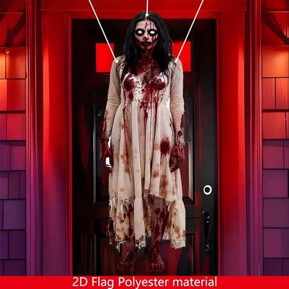 1pc Large Halloween Decoration Flag - Zombie Lady Door Hanging Cloth, Bloody Entrance, Indoor/Outdoor Horror Party Backdrop - Extra Long 15.8x39.5 Inches, Easy To Hang, Suitable For Haunted House, Porch Or Home Decor - Halloween Party & Photo Display, Spooky Visual Effect