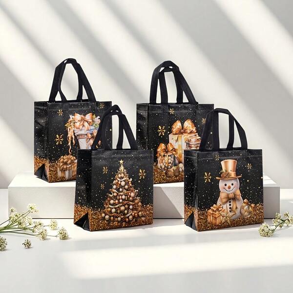 8pcs Black Christmas Gift Bags With Handles, Christmas Tree & Snowman Pattern, Party Gift Bags, Non-Woven Fabric Gift Bags, Shopping Bags, Holiday Party Gift Bags, Size: 9x8.46x4.33 Inches Christmas Christmas Decorations Christmas Pajamas Christmas Gifts Christmas Decor