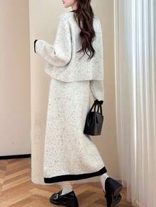 Alicedudu Women's Autumn/Winter Elegant Contrast Color Design Sweater Cardigan And Midi Skirt 2 Pieces Set - Beige - View 2