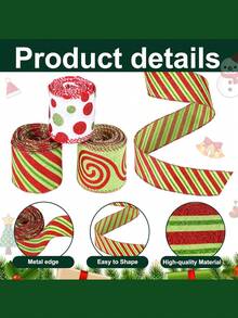 3 Rolls Christmas Wired Ribbon, Red And Lemon Green Christmas Wrapping Ribbon, 6.3cm Wide Polka Dot Fabric Christmas Decoration DIY Craft Home Decor Christmas Decorations Room Decor Winter - Multicolor - View 3