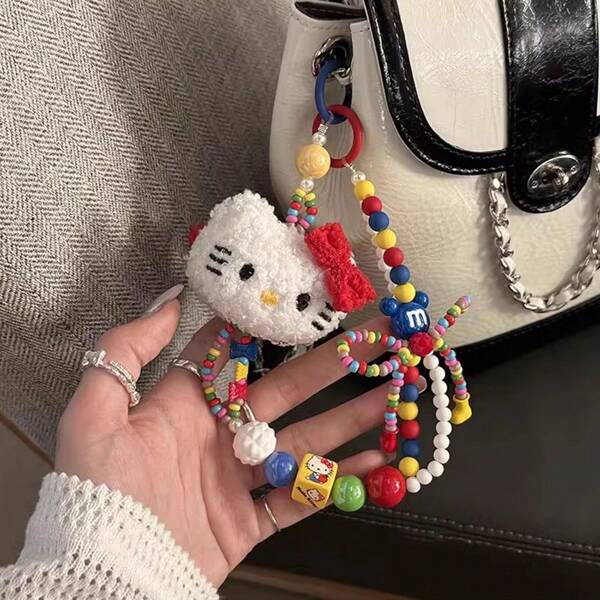 Sanrio Sanrio KT Katze Plüsch Schleife Katze Kopf kreative handgefertigte Perlen Handykette Telefonkordel Mädchen Herz koreanische kreative Hängende Kette Rucksack dekorativer Anhänger CCD Kamera Anhänger, Geburtstags- und Weihnachtsgeschenke (verschiedene Pergenchargen, zufällige Farben)