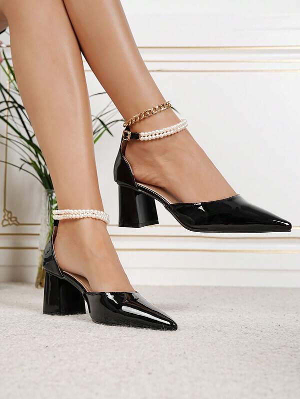 Women's Solid Color Pointed Toe Lace-Up Thick Heel Pearl Decor Sandals, Fashionable For Spring & Autumn, Suitable For Pairing With Various Elegant Dresses