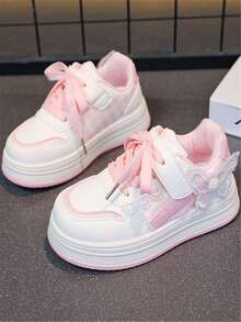 1 Pair Girls' Fashion Soft Bottom Bow Pendant PU Outdoor Non- Wear-Resistant Academy Style Cute Flat Sports Shoes, Suitable For All Seasons - Hồng - Xem 3
