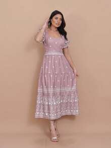 Helena Crepe Printed Midi Dress With Short Sleeves - Rusty Rose - View 5