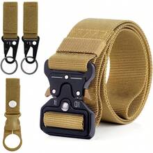 Reelau Men's Tactical Belt With Quick Release Metal Buckle 49 * 1.5 Inch Heavy Duty Nylon Belt Quick Release Military Style Sports Webbing Belt With 2*Metal Keys Clip 1*Bottle Clip